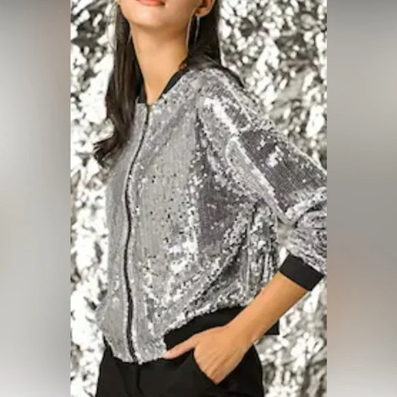 Jackets Coats Sequin Glitter Silver Womens Bomber Jacket